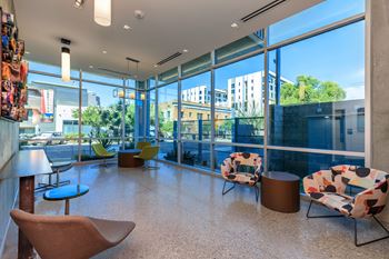 A modern office space with a view of the city.