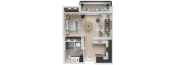 A top-down view of a small apartment with a kitchen, living room, and bedroom.