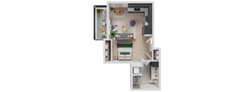 A top-down view of a small apartment layout with a kitchen, living room, and bathroom.
