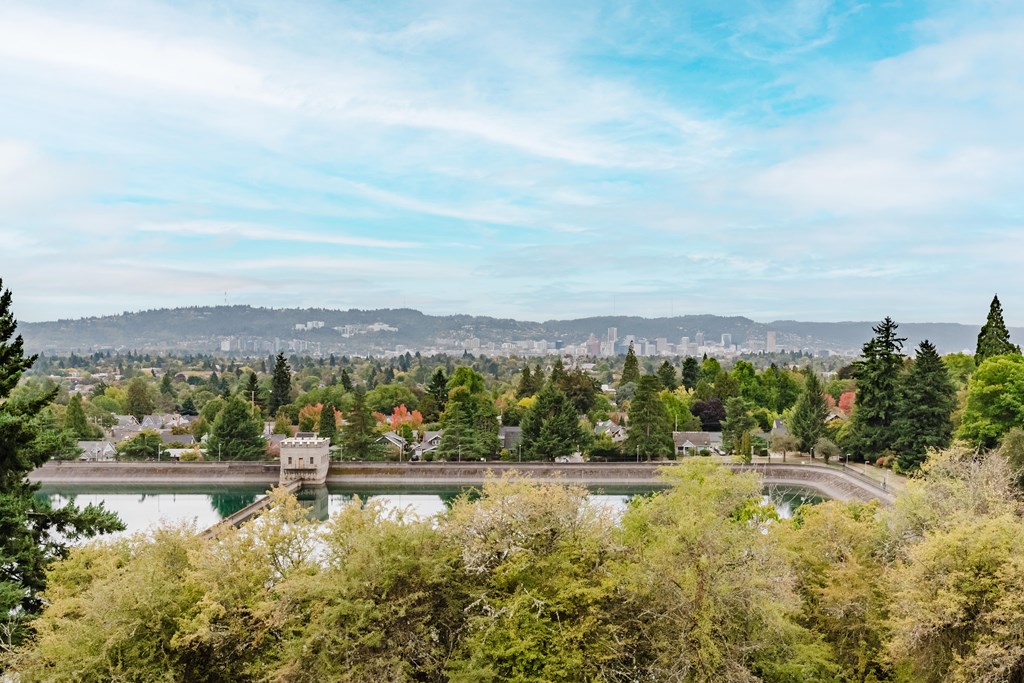 A serene landscape with a lake, trees, and a distant city skyline.