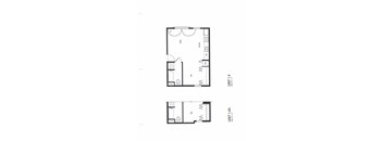 A floor plan of a 14x14 unit with a kitchen and a bathroom.