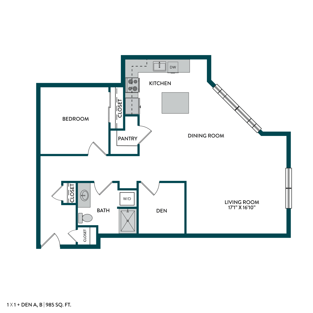 A floor plan of a one bedroom apartment with a living room, dining room, kitchen, pantry, and bathroom.