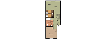 A floor plan of a small apartment with a kitchen, bathroom, bedroom, and living room.