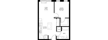 A black and white image of a floor plan for a small apartment.