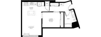 A floor plan of a small apartment with a living room, kitchen, and bathroom.