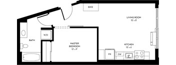 A floor plan of a small apartment with a living room, kitchen, and master bedroom.