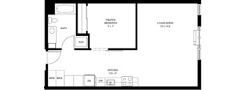 A floor plan of a small apartment with a master bedroom, living room, kitchen, and bathroom.