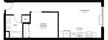 A floor plan of a home with a living room, kitchen, master bedroom, and bathroom.