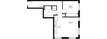 A floor plan of a small apartment with a living room, kitchen, bathroom, and two bedrooms.