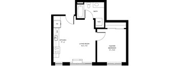 A floor plan of a home with a kitchen, living room, and two bedrooms.