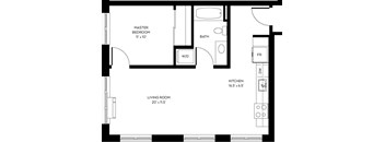 A black and white image of a floor plan for a small apartment.