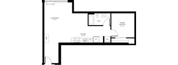 A black and white image of a floor plan for a small apartment.