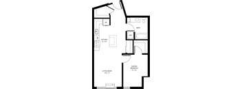 A black and white image of a floor plan for a small apartment.