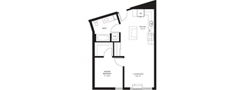 A black and white image of a floor plan for a small apartment.