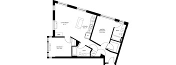 A black and white image of a floor plan for a small apartment.