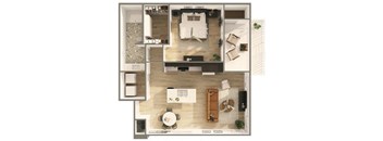 A floor plan of a modern apartment with a living room, kitchen, and dining area.