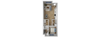 A top-down view of a one bedroom apartment with a kitchen, living room, and bathroom.