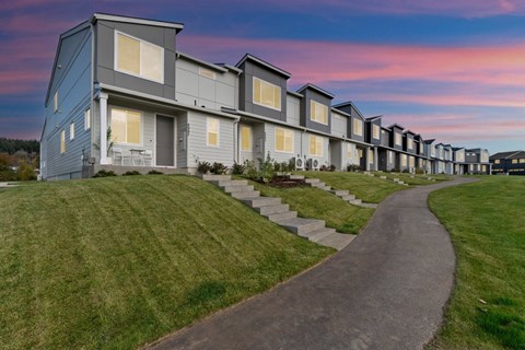 A series of houses are lined up on a hill.