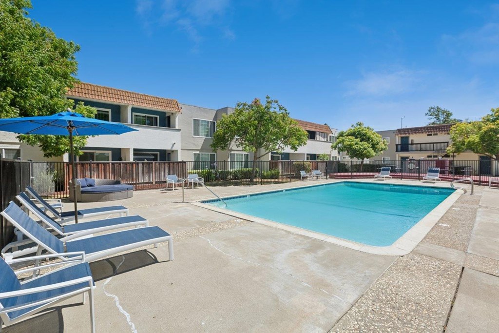 A pool surrounded by sun loungers and umbrellas.