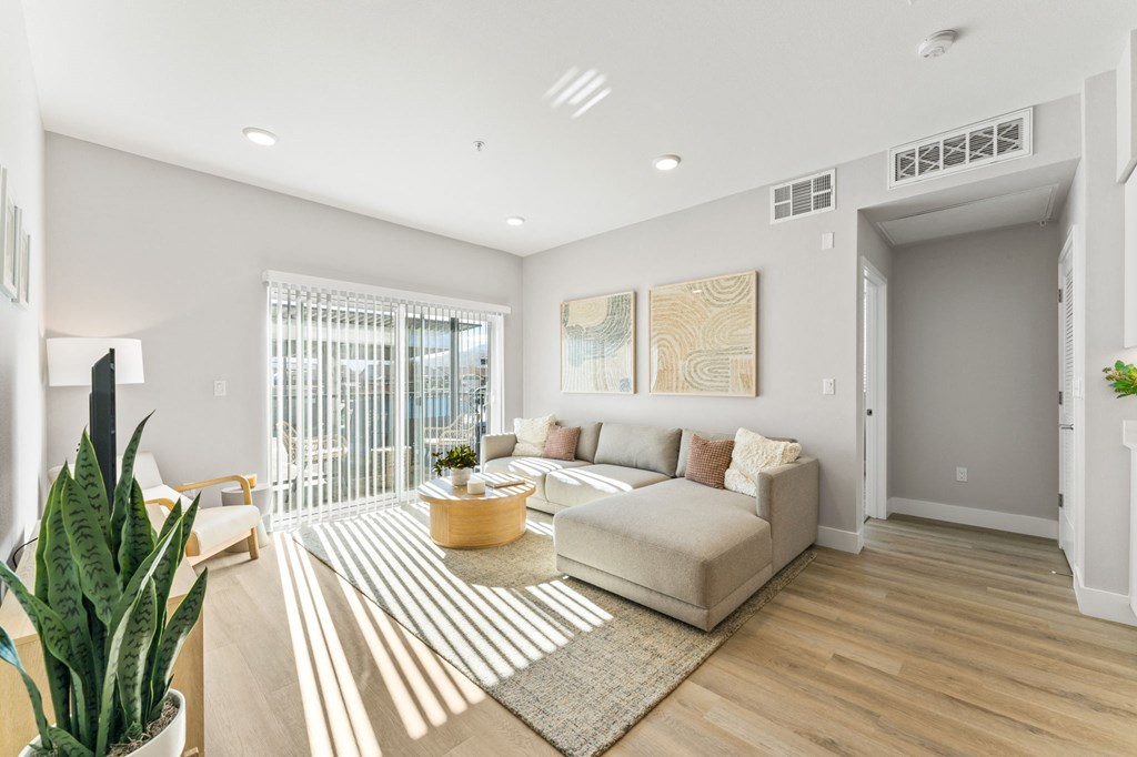 a living room with a couch and a chair and a rug