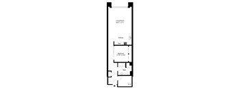 A floor plan of a small apartment with a living room, kitchen, bedroom, bathroom, and a hallway.