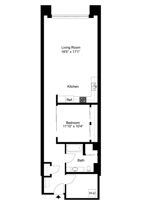 A floor plan of a small apartment with a living room, kitchen, bedroom, bathroom, and a hallway.