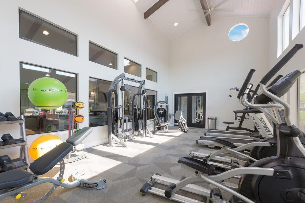 a gym with weights and a green ball on the floor