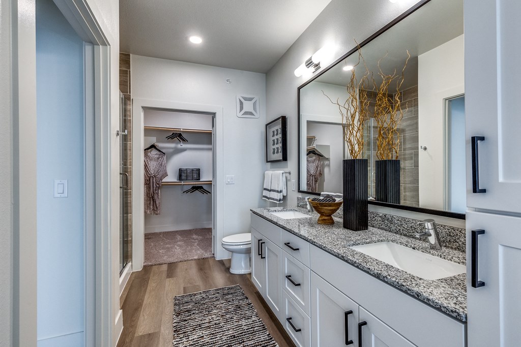 a bathroom with a large mirror and a sink and a toilet