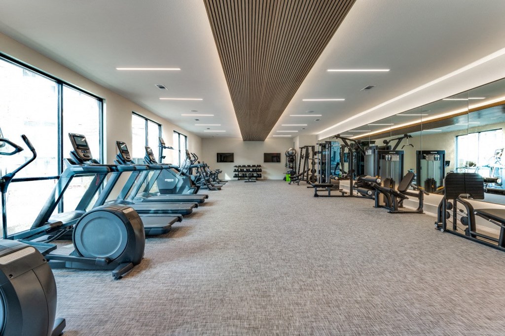 a gym with cardio machines and weights on the floor