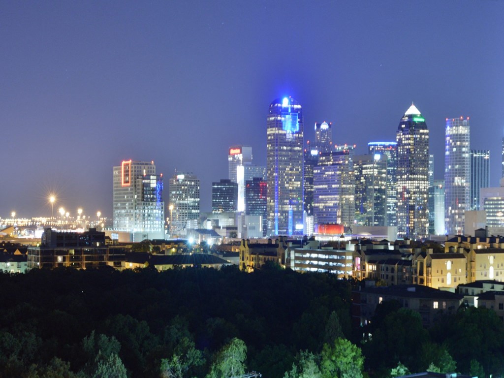 a city skyline at night at night with the trees in the foreground