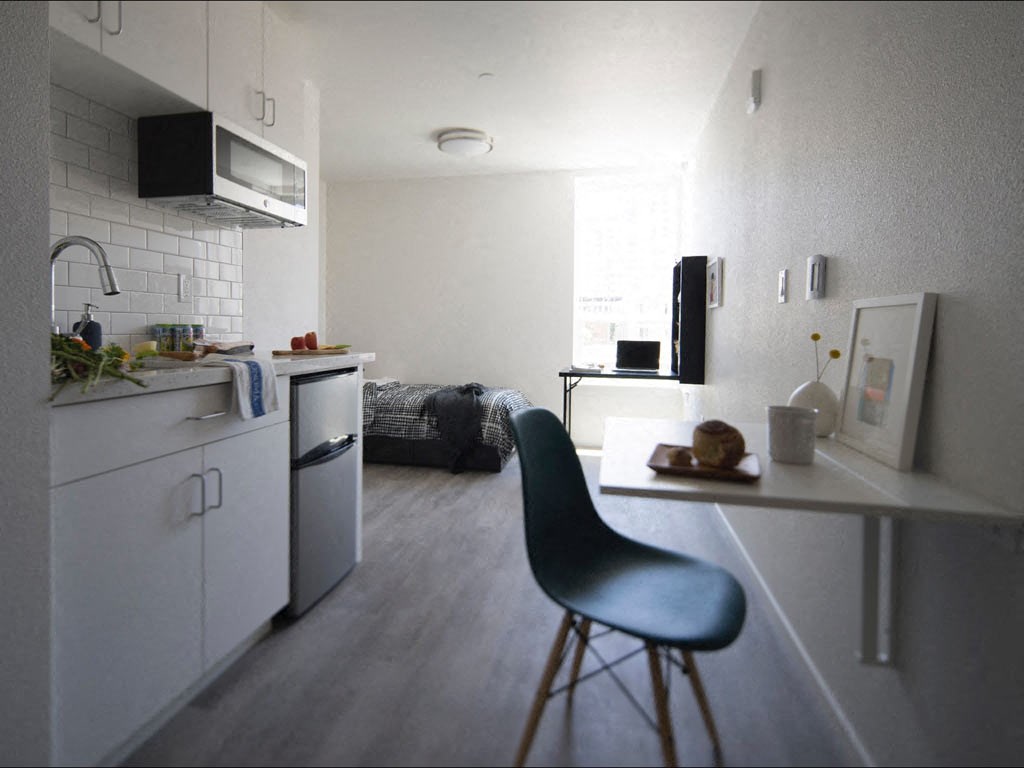 a kitchen and a living room in a room