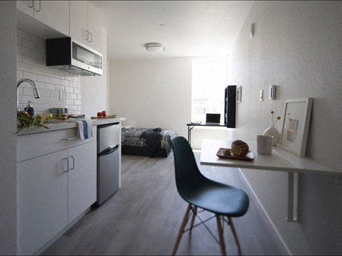 a kitchen and a living room in a room