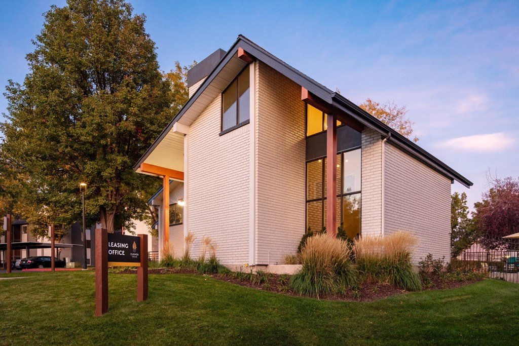 Clover Creek Apartments Exterior Leasing Office at Dusk