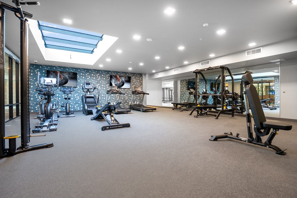 A spacious gym with a variety of equipment and a skylight.