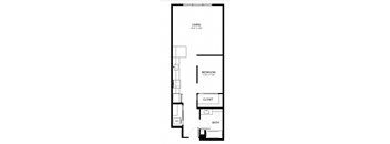 A black and white floor plan of a small apartment with a living room, bedroom, closet, and bathroom.