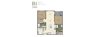 A floor plan of apartment B1 with two bedrooms, two bathrooms, and a total square footage of 1105.