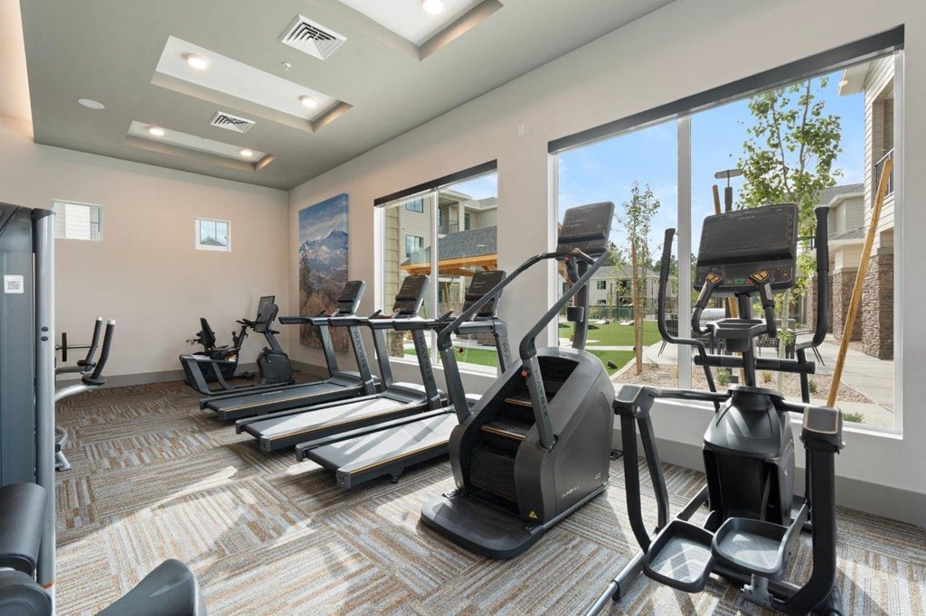 a gym with cardio equipment and large windows