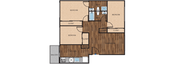 A floor plan of a house with three bedrooms, two bathrooms, a closet, a balcony, and a kitchen.