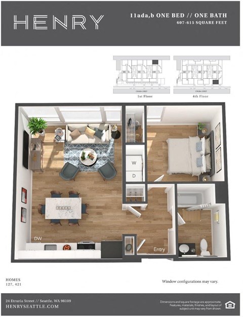 Henry Apartments 1 Bed 1 Bath 3D Floor Plan