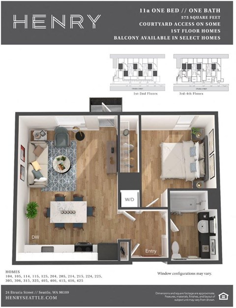 Henry Apartments 1 Bedroom 1 Bath 3D Floor Plan