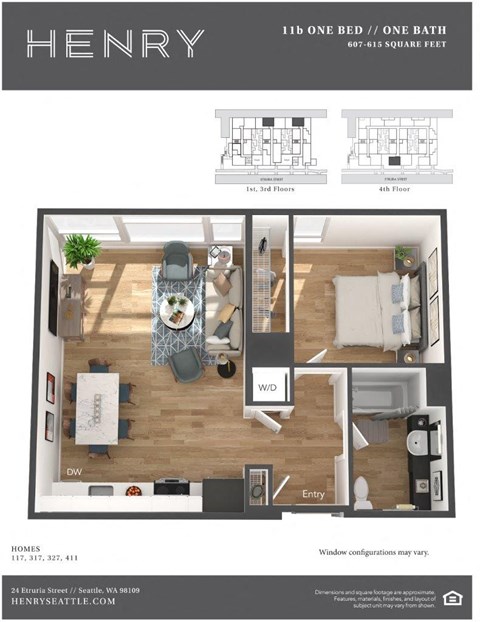 Henry Apartments 1 Bedroom 1 Bath B 3D Floor Plan