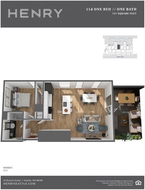 Henry Apartments 1 Bedroom 1 Bath D 3D Floor Plan