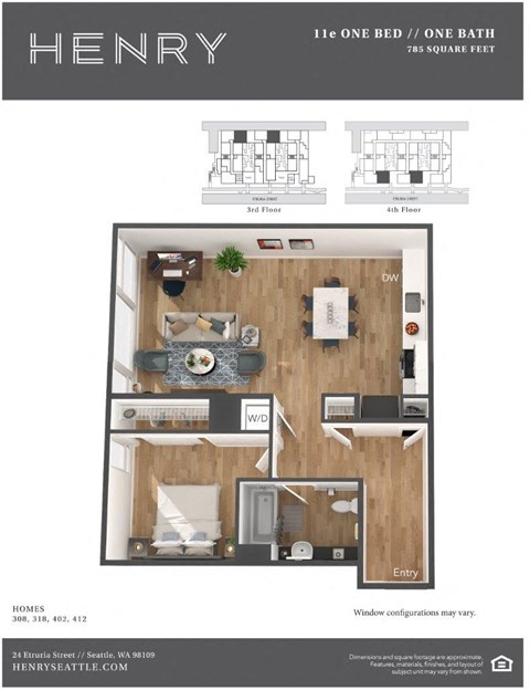 Henry Apartments 1 Bedroom 1 Bath E 3D Floor Plan