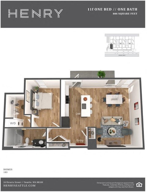 Henry Apartments 1 Bedroom 1 Bath F 3D Floor Plan