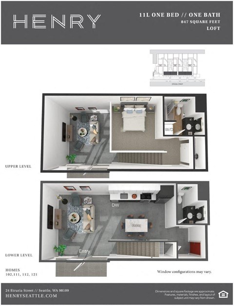 Henry Apartments 1 Bedroom 1 Bath with Loft 3D Floor Plan