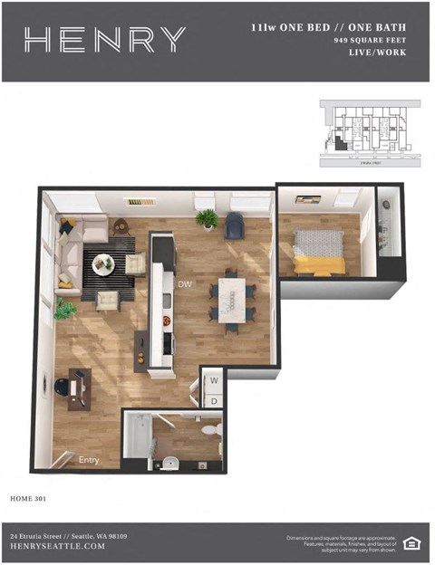 Henry Apartments 1 Bedroom 1 Bath Live/Work 3D Floor Plan