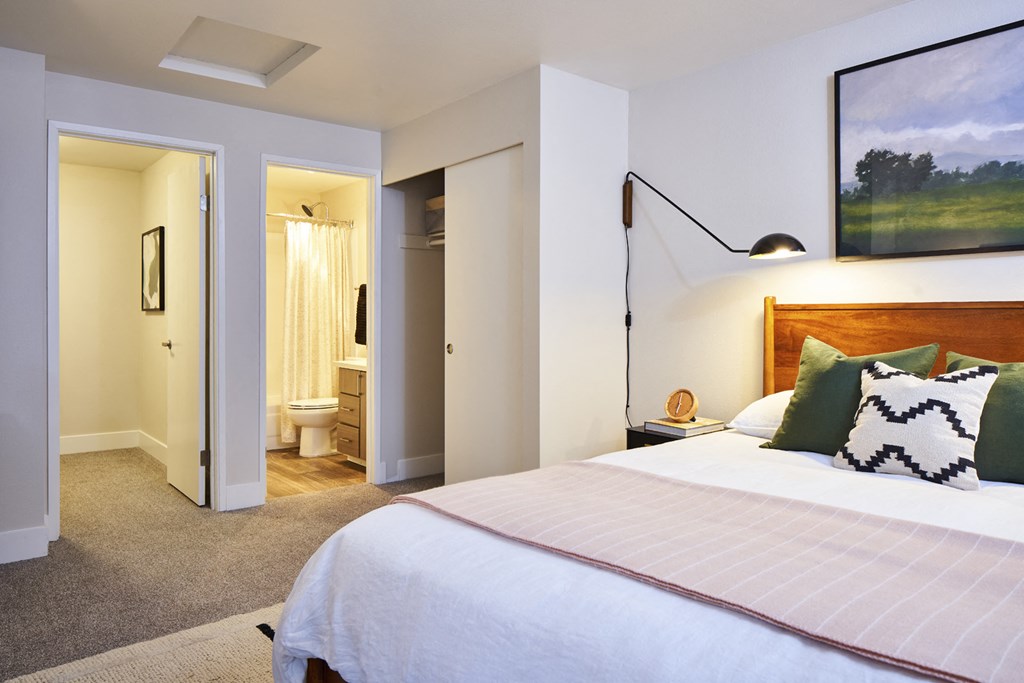 Echo Mountain Apartments Model Bedroom with Closet and Bathroom Entries