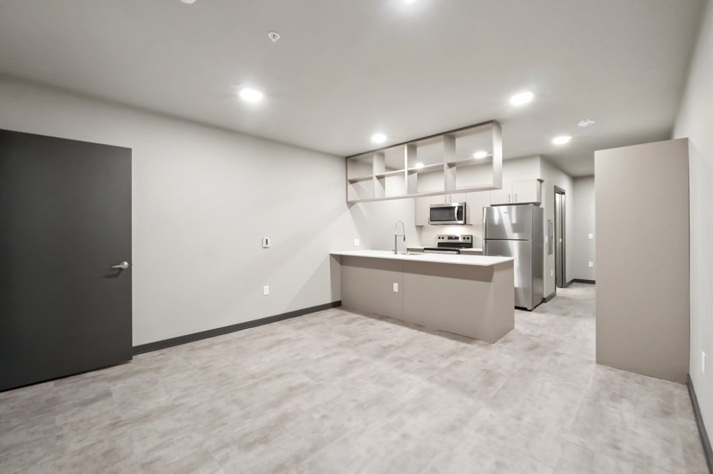 A kitchen area with a counter and cabinets.