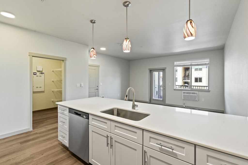 A kitchen with a white counter top and a dishwasher.