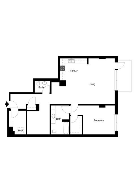A floor plan of a house with a kitchen, living room, and bedroom.